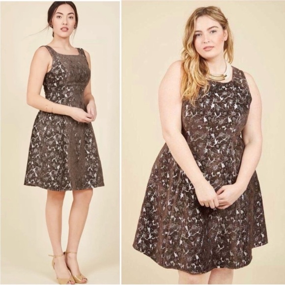 ModCloth Genuine Joy Dress Brown & Silver Jacquard Fit & Flare with Pockets 1X - Picture 1 of 15